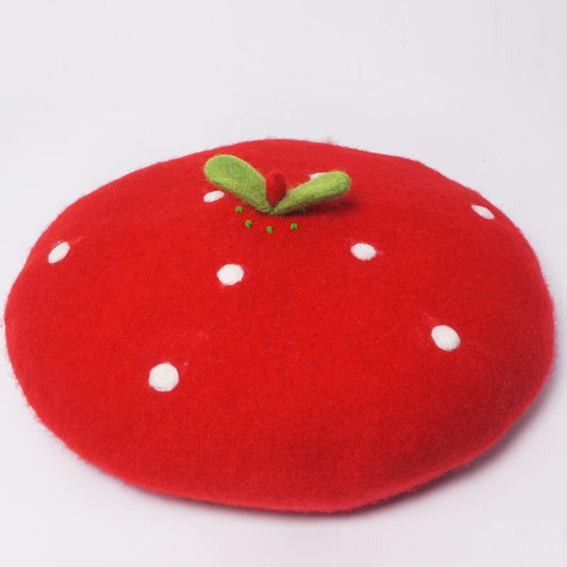 Faiccia Handmade Kawaii Strawberry Beret Vintage Artist Painter Hat Women Wool Cap Warming Gift (red) - Image 3
